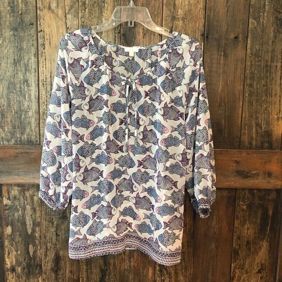 Charming M BOHO White Lightweight Lace up Fish Pattern Swim Cover-Up - Picture 2 of 8